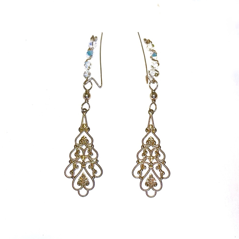 Gold and Dangle Ear Crawler Pendant Earrings